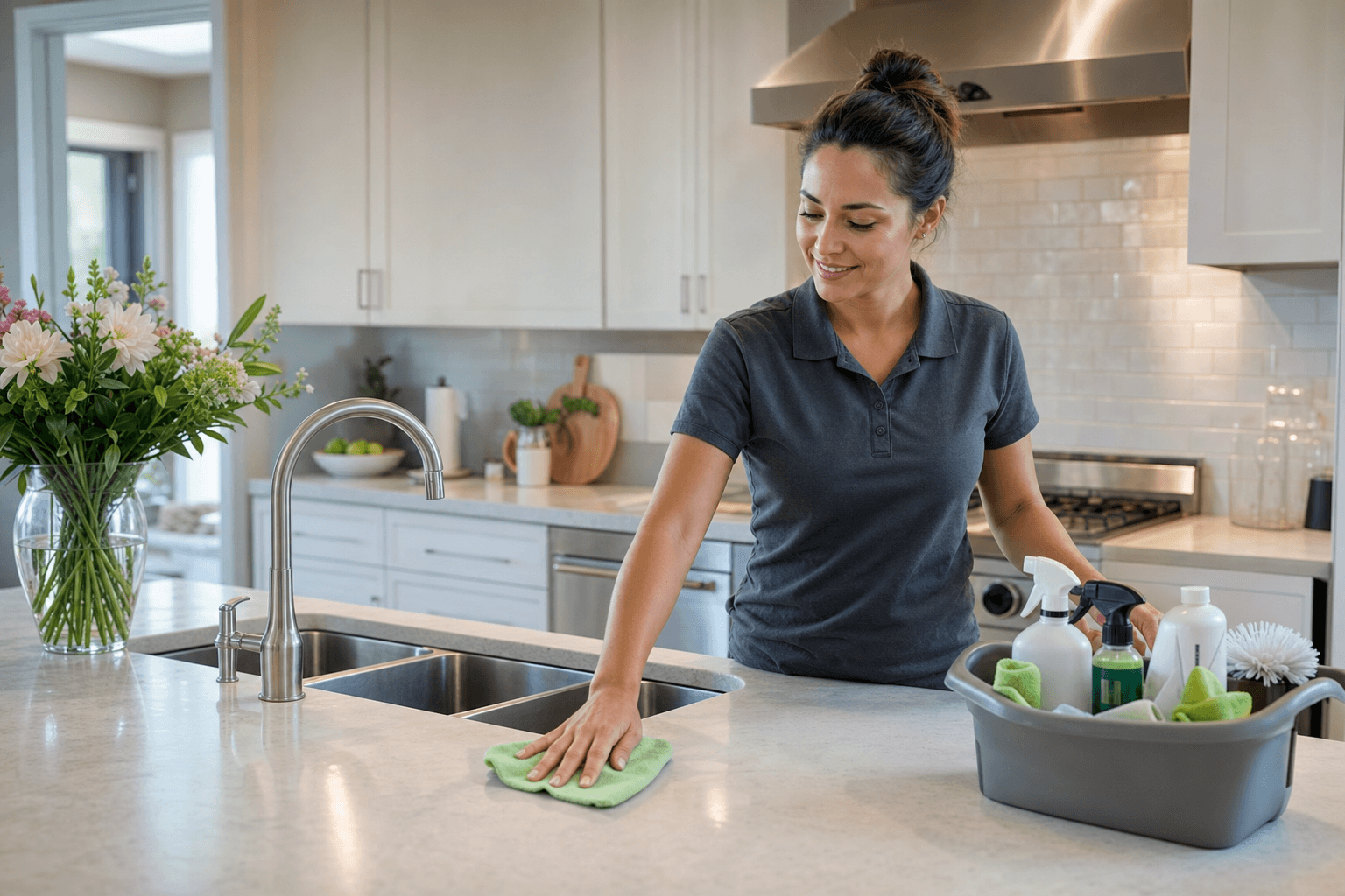 Professional home cleaner in branded uniform with caddy of eco-friendly cleaning supplies refreshing a modern kitchen with fresh flowers and a sparkling clean stainless steel sink
