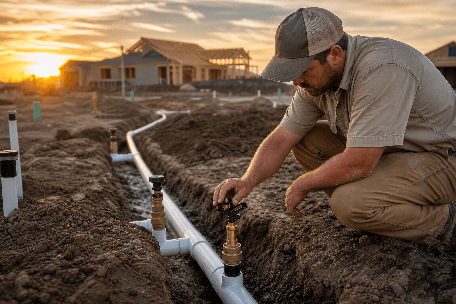 Commercial landscape irrigation install with PVC mainlines, pressure-rated valves, and a contractor adjusting a rotor head at sunset on a freshly graded subdivision lot