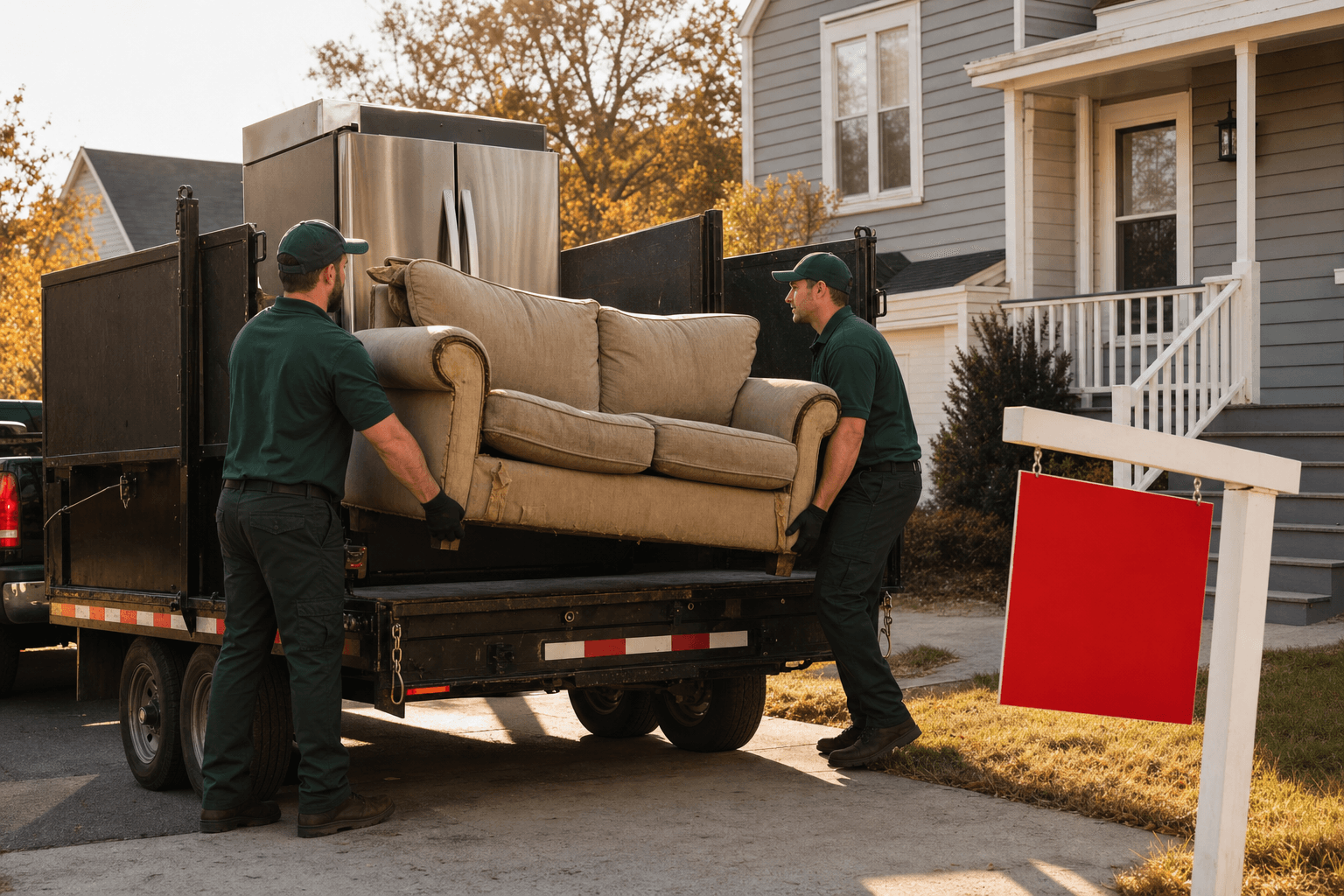 Junk removal crew in branded uniforms loading old furniture and appliances into a dump trailer behind a recently sold suburban home with a 'sold' sign in the front yard at golden hour