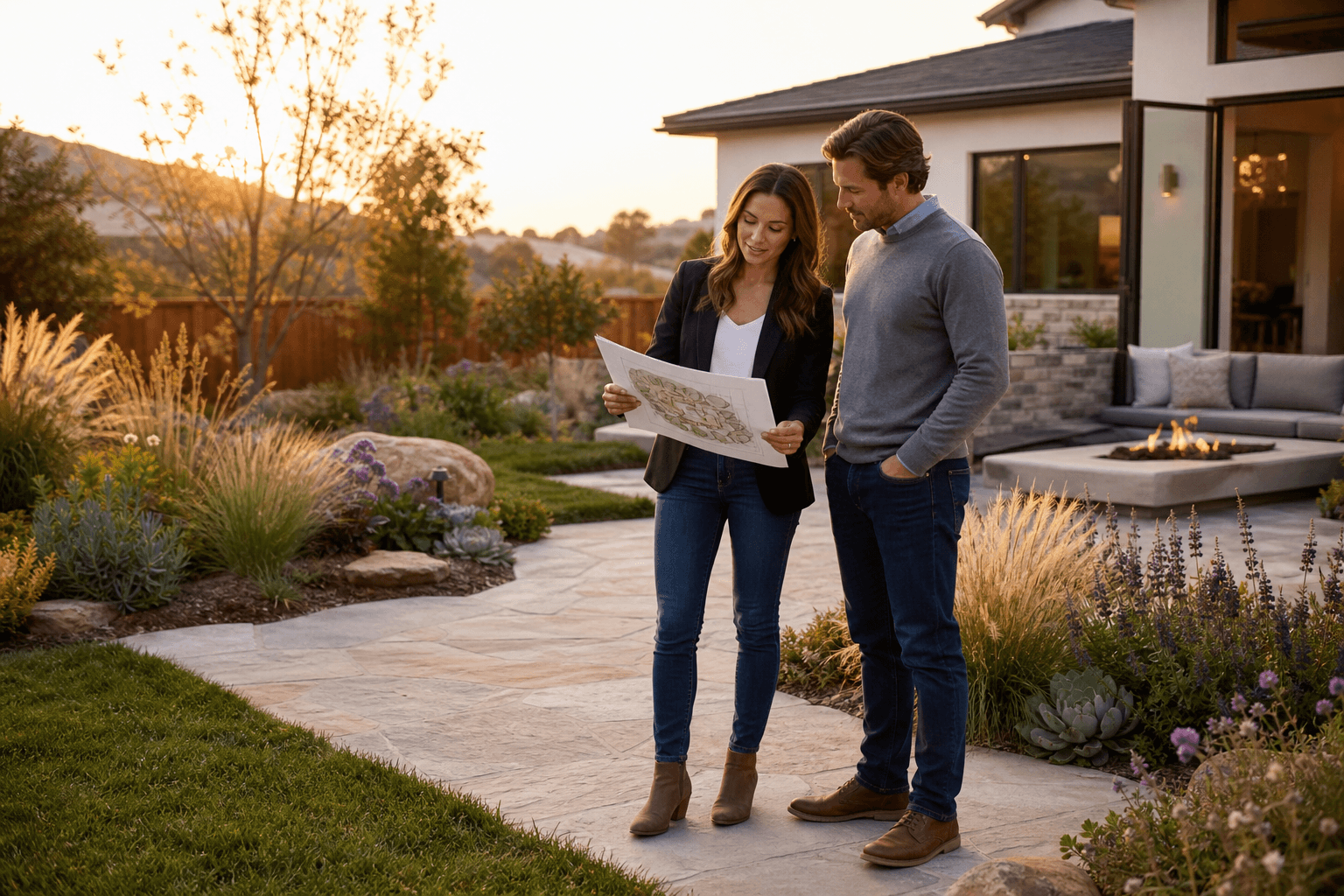 Newly delivered modern residential backyard with fresh sod, flagstone patio, drought-tolerant plantings, and a landscape designer reviewing a planting plan with the homeowner