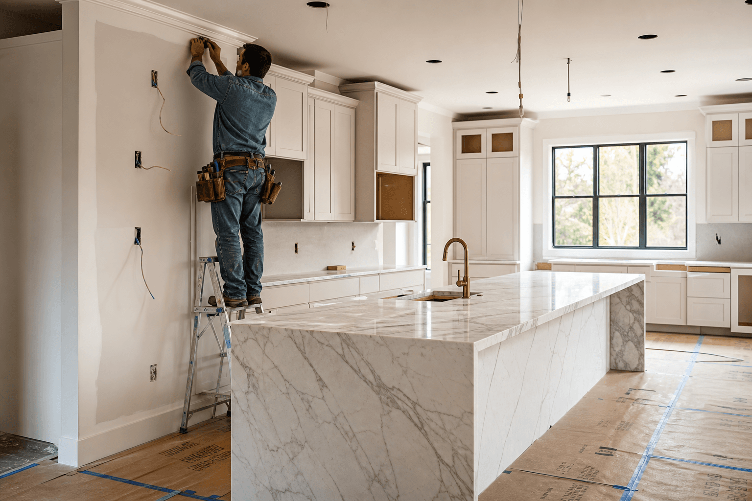 High-end residential kitchen remodel in progress with new white shaker cabinetry, marble waterfall island, exposed wiring, and a contractor on a ladder installing crown molding
