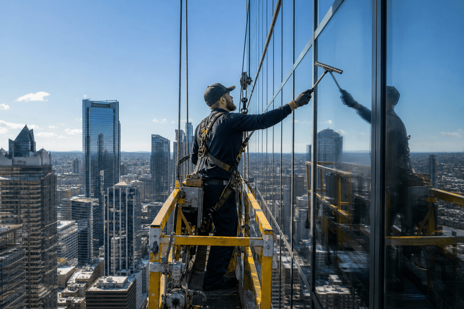 Window cleaning technician suspended from a high-rise office tower on a swing-stage rig with squeegees and a bucket, with a city skyline reflected in the freshly cleaned glass curtain wall